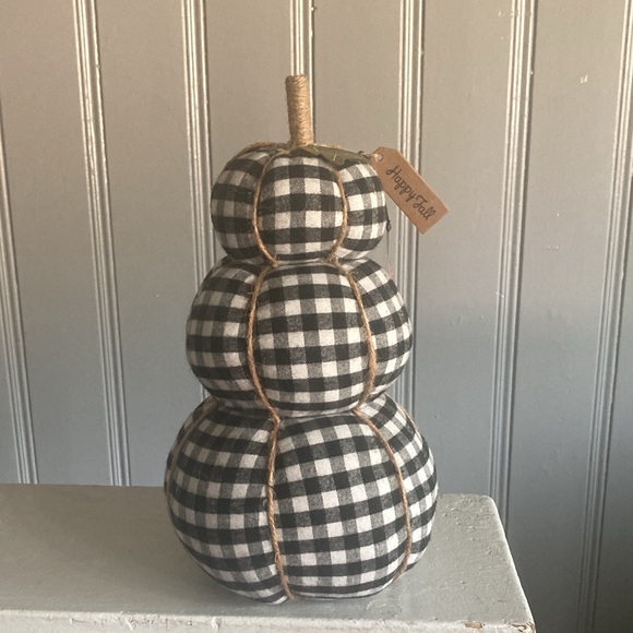 NWT- Happy Fall Tag- Black & White Buffalo Check Fabric Triple Stacked Pumpkins - Picture 4 of 17
